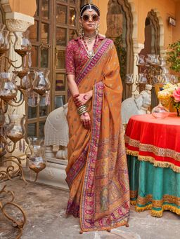 Akhilam - Women's Georgette Fabric Orange Printed Saree with Unstitched Blouse