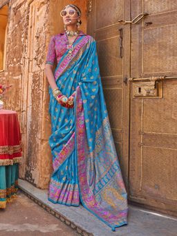 Akhilam - Women's Georgette Fabric Blue Printed Saree with Unstitched Blouse