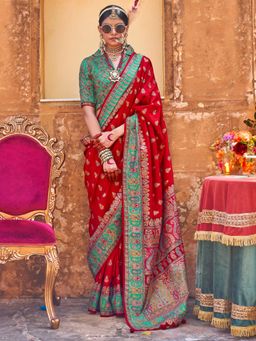 Akhilam - Women's Georgette Fabric Red Printed Saree with Unstitched Blouse
