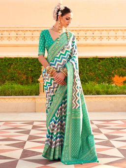 Akhilam - Women's Georgette Fabric Blue Printed Saree with Unstitched Blouse