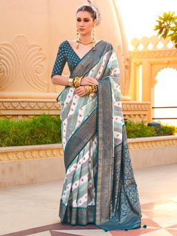 Akhilam - Women's Georgette Fabric Teal Woven Saree with Unstitched Blouse