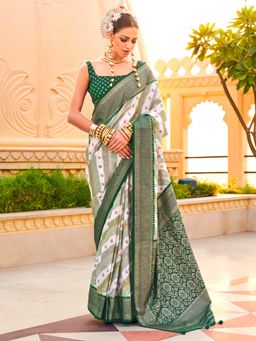 Akhilam - Women's Georgette Fabric Green Woven Saree with Unstitched Blouse