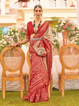 Akhilam - Women's Georgette Fabric Cream Woven Saree with Unstitched Blouse