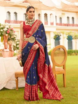 Akhilam - Women's Georgette Fabric Navy Blue Woven Saree with Unstitched Blouse