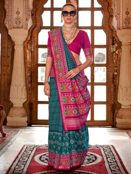 Akhilam - Women's Georgette Fabric Teal Printed Saree with Unstitched Blouse