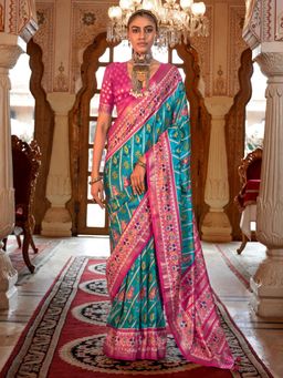 Akhilam - Women's Georgette Fabric Blue Printed Saree with Unstitched Blouse