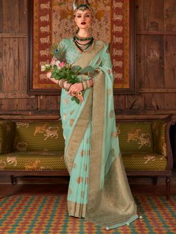 Akhilam - Women's Georgette Fabric Aqua Embellished Saree with Unstitched Blouse