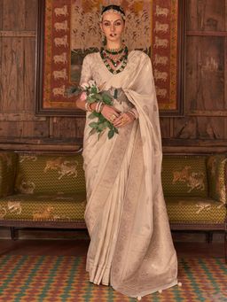 Akhilam - Women's Georgette Fabric Cream Embellished Saree with Unstitched Blouse