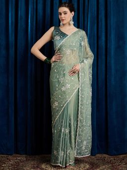 Akhilam - Women's Georgette Fabric Aqua Embroidered Saree with Unstitched Blouse