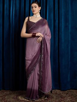 Akhilam - Women's Georgette Fabric Mauve Embellished Saree with Unstitched Blouse