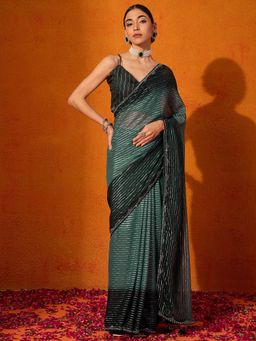 Akhilam - Women's Georgette Fabric Green Embellished Saree with Unstitched Blouse