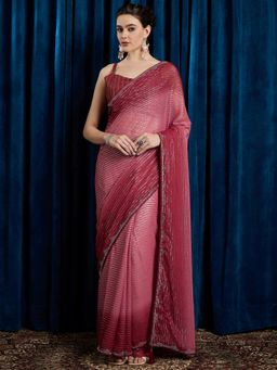 Akhilam - Women's Georgette Fabric Pink Embellished Saree with Unstitched Blouse