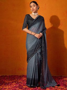 Akhilam - Women's Georgette Fabric Grey Embellished Saree with Unstitched Blouse