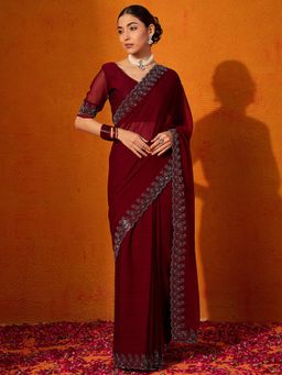 Akhilam - Women's Georgette Fabric Maroon Solid Saree with Unstitched Blouse