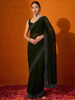Akhilam - Women's Georgette Fabric Green Solid Saree with Unstitched Blouse