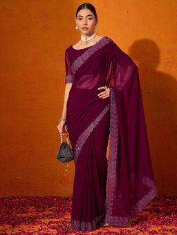 Akhilam - Women's Georgette Fabric Magenta Solid Saree with Unstitched Blouse
