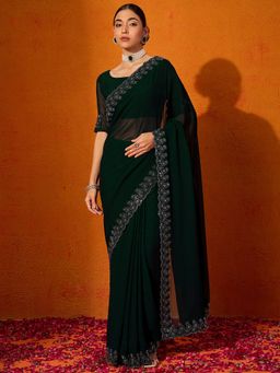 Akhilam - Women's Georgette Fabric Green Solid Saree with Unstitched Blouse