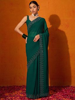 Akhilam - Women's Georgette Fabric Green Solid Saree with Unstitched Blouse
