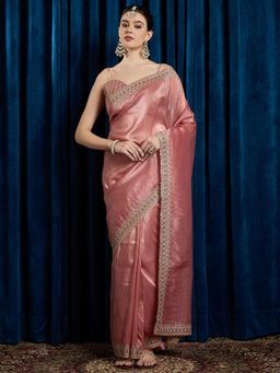 Akhilam - Women's Georgette Fabric Rose Gold Embroidered Saree with Unstitched Blouse