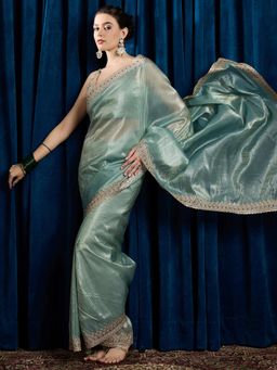 Akhilam - Women's Georgette Fabric Aqua Embroidered Saree with Unstitched Blouse