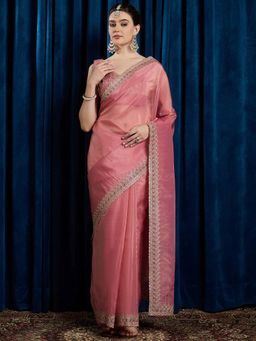 Akhilam - Women's Georgette Fabric Pink Embroidered Saree with Unstitched Blouse