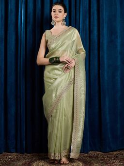 Akhilam - Women's Georgette Fabric Green Embroidered Saree with Unstitched Blouse