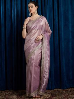Akhilam - Women's Georgette Fabric Lavender Embroidered Saree with Unstitched Blouse
