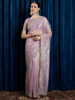 Akhilam - Women's Georgette Fabric Lavender Embroidered Saree with Unstitched Blouse