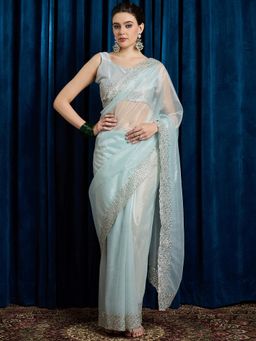 Akhilam - Women's Georgette Fabric Blue Embroidered Saree with Unstitched Blouse