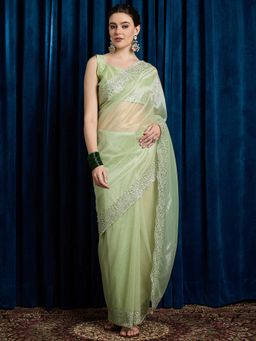 Akhilam - Women's Georgette Fabric Green Embroidered Saree with Unstitched Blouse