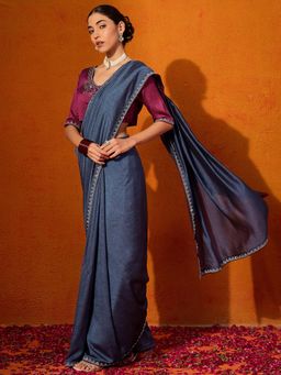 Akhilam - Women's Georgette Fabric Blue Embellished Saree with Unstitched Blouse
