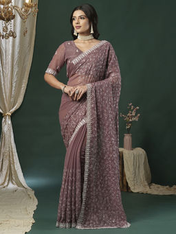 Akhilam - Women's Georgette Fabric Mauve Embroidered Saree with Unstitched Blouse