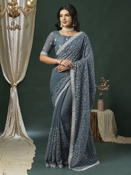 Akhilam - Women's Georgette Fabric Grey Embroidered Saree with Unstitched Blouse