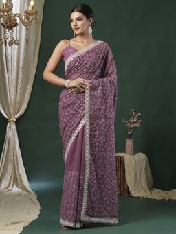 Akhilam - Women's Georgette Fabric Mauve Embroidered Saree with Unstitched Blouse