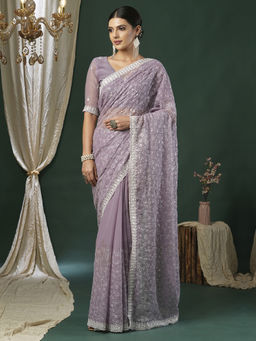 Akhilam - Women's Georgette Fabric Lavender Embroidered Saree with Unstitched Blouse