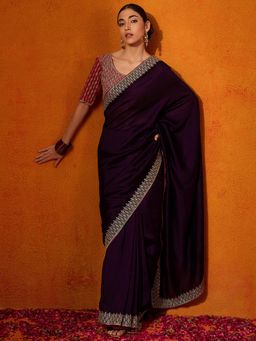 Akhilam - Women's Georgette Fabric Purple Solid Saree with Unstitched Blouse