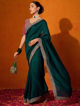 Akhilam - Women's Georgette Fabric Teal Solid Saree with Unstitched Blouse