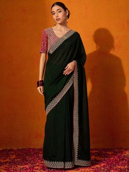Akhilam - Women's Georgette Fabric Green Solid Saree with Unstitched Blouse