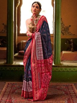 Akhilam - Women's Georgette Fabric Navy Blue Printed Saree with Unstitched Blouse