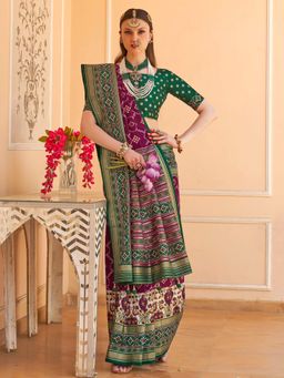 Akhilam - Women's Georgette Fabric Magenta Woven Saree with Unstitched Blouse