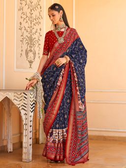 Akhilam - Women's Georgette Fabric Navy Blue Woven Saree with Unstitched Blouse