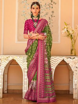 Akhilam - Women's Georgette Fabric Green Woven Saree with Unstitched Blouse