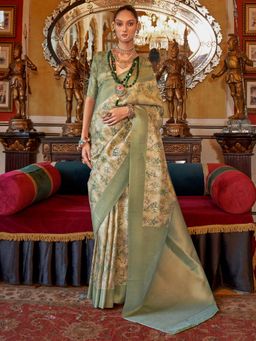 Akhilam - Women's Georgette Fabric Green Woven Saree with Unstitched Blouse