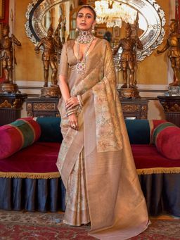 Akhilam - Women's Georgette Fabric Beige Woven Saree with Unstitched Blouse