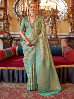 Akhilam - Women's Georgette Fabric Green Woven Saree with Unstitched Blouse