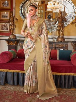 Akhilam - Women's Georgette Fabric Beige Woven Saree with Unstitched Blouse