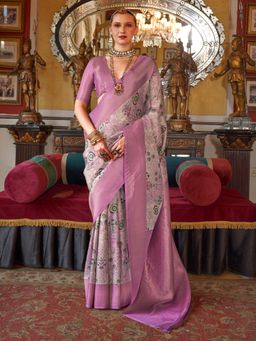 Akhilam - Women's Georgette Fabric Lavender Woven Saree with Unstitched Blouse