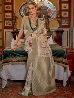 Akhilam - Women's Georgette Fabric Green Woven Saree with Unstitched Blouse