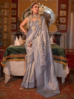 Akhilam - Women's Georgette Fabric Grey Woven Saree with Unstitched Blouse