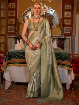 Akhilam - Women's Georgette Fabric Green Woven Saree with Unstitched Blouse